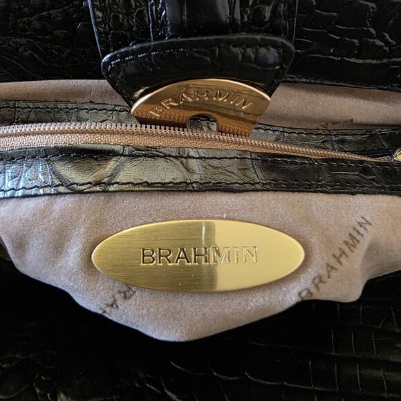 RARE Brahmin Adora Black & Purple Croc Embossed Leather Satchel Gold Chain - Picture 9 of 16